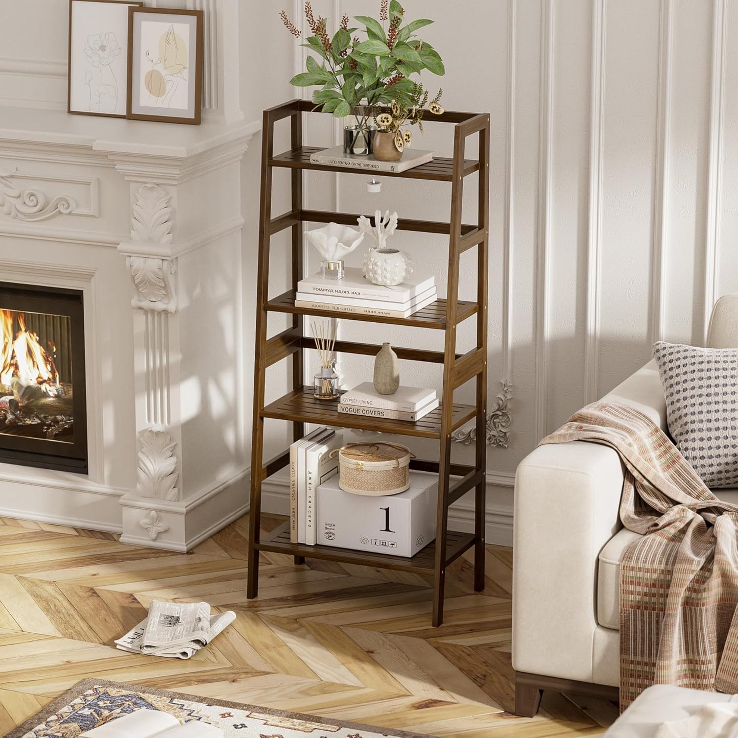 HITNET Ladder Shelf, 4-Tier Bamboo Bookshelf, Freestanding Open Display Storage Rack, Space Saving Flower Plant Display Stand for Bathroom Living Room, Walnut