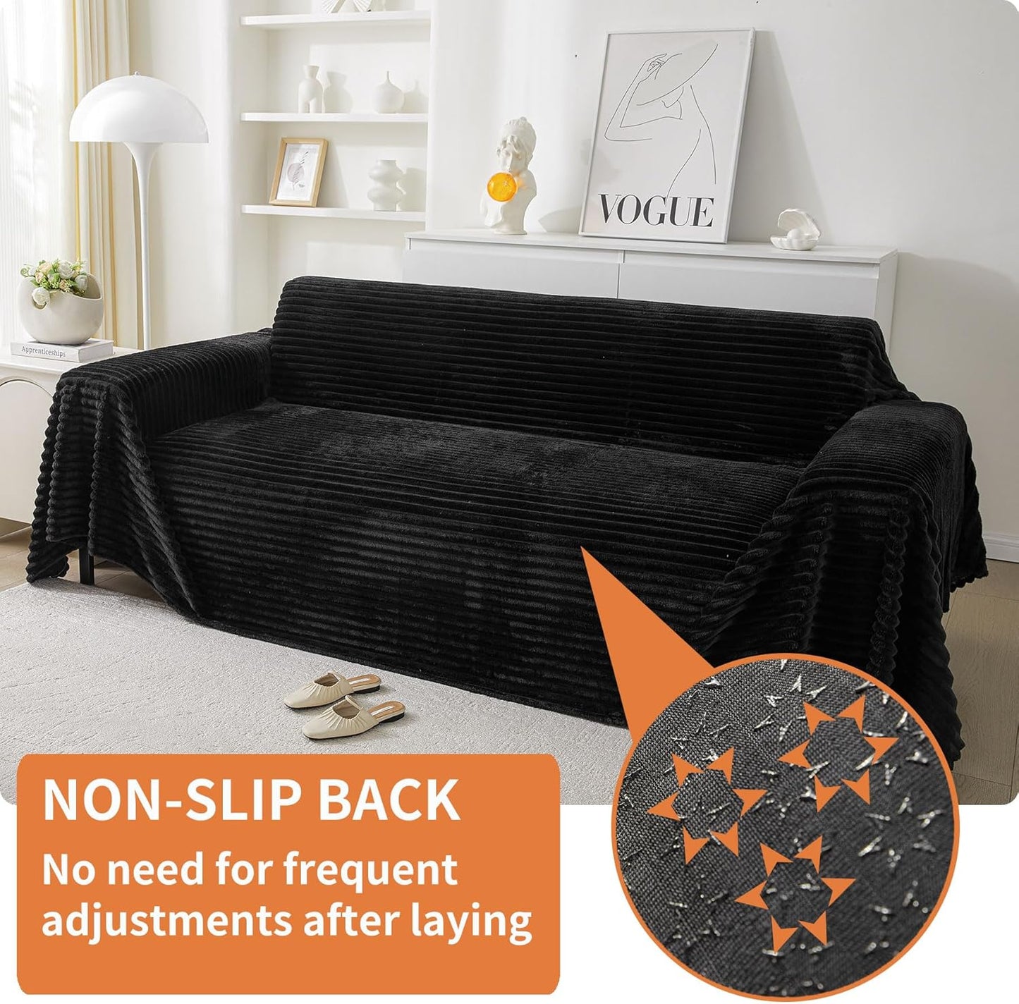 HAOMAIJIA Faux Fur Sofa Covers Couch Covers for 2 Cushion Couch Sofa Pet Friendly Soft Non Slip Couch Cover for Dogs Washable Sectional Couch Covers L Shape Furniture Protector (Black, 91"x118")