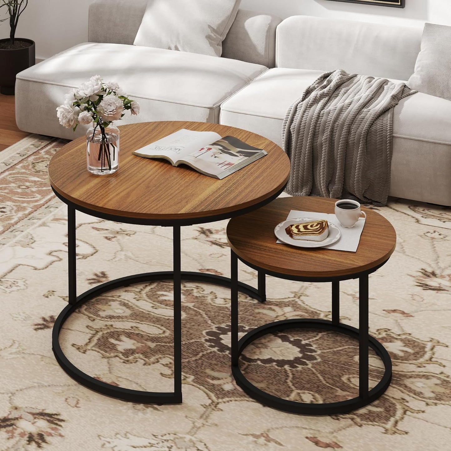 Nesting Tables Set of 2, Round Coffee Table, Small Nesting Coffee Table with Adjustable Non-Slip Fee, Wood Grain Top Nesting Tables for Living Room, Bedroom (Wood Grain Brown)