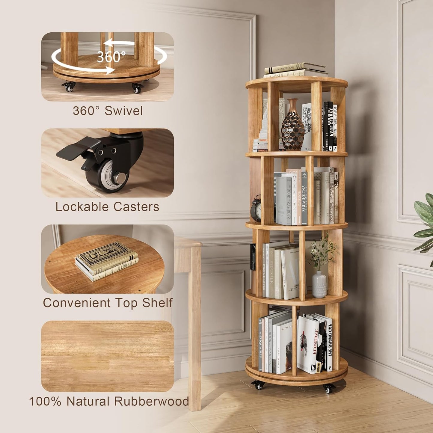 4-Tier Rotating Bookshelf, 360° Spinning Stackable Bookcase, Freestanding Bookshelf for Home Office Study Room Bedroom Living Room