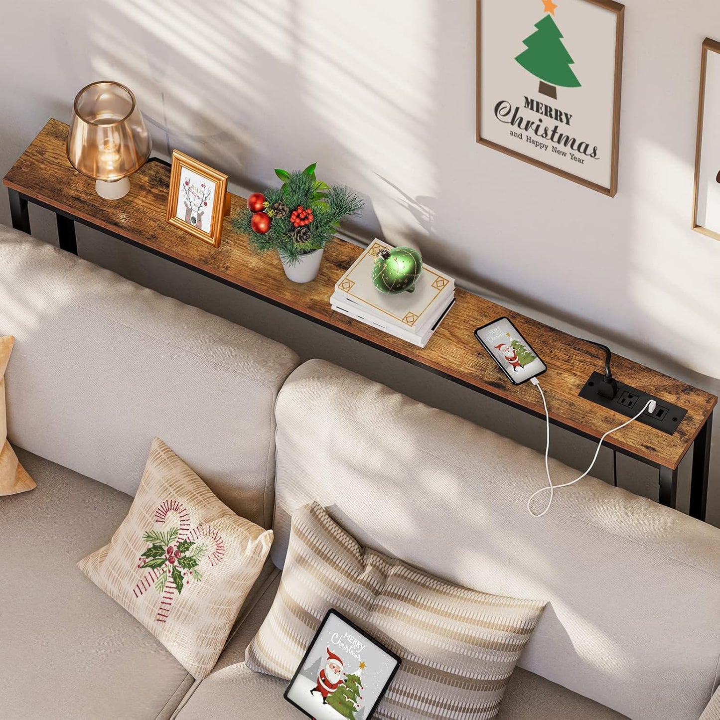 HOOBRO 47.2" Narrow Console Table with Power Outlets, 5.9" Behind Couch Table with Charging Station, Long Sofa Table, Skinny Entryway Table for Living Room, Hallway, Foyer, Rustic Brown BF15XG01G1