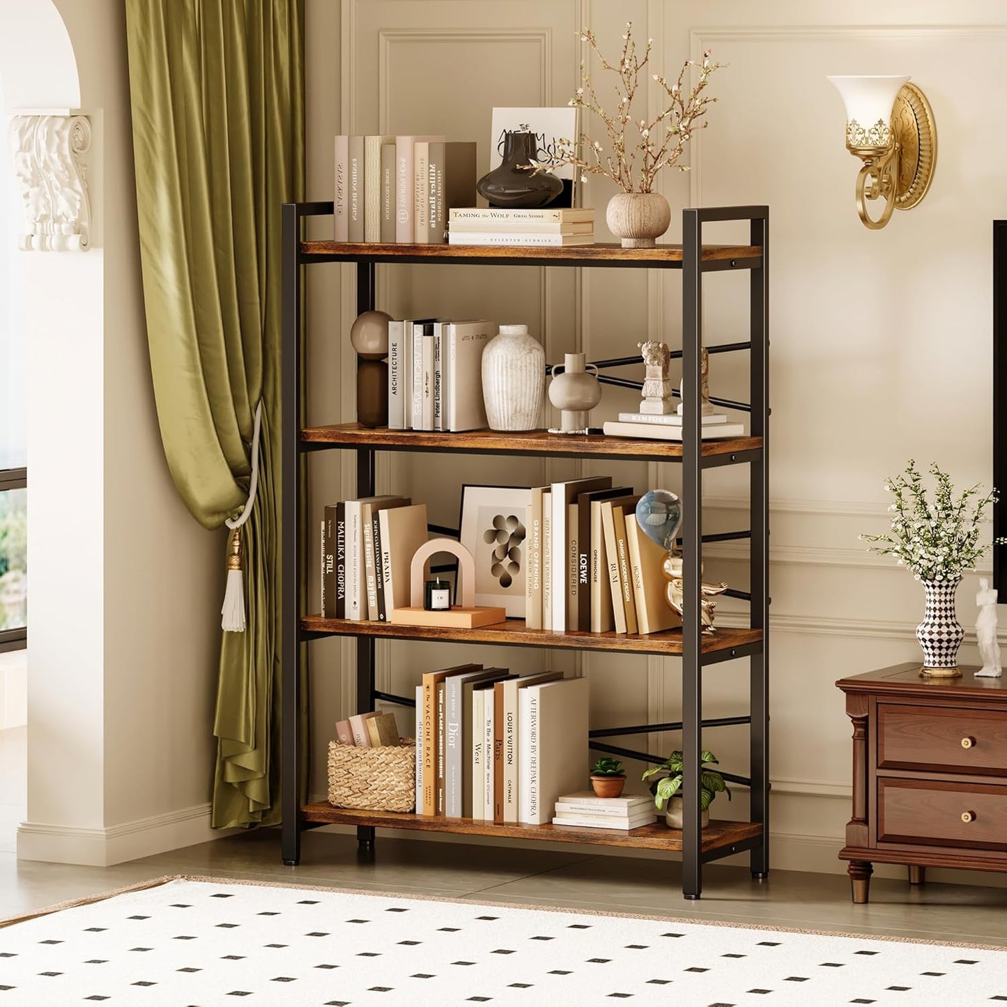 4 Tier Bookshelf 31.49" Width, Tall Book Shelf Storage and Organization, Wooden and Metal Industrial Bookcase, Large Book Shelves for Home Living Room Bedroom Office Storage(Vintage)