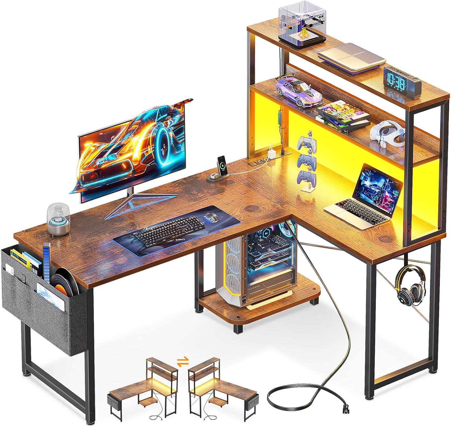 Casaottima Gaming Desk with Power Outlets & LED Lights, 43 Inch Reversible L Shaped Computer Desk with Shelves & Storage Bag, Corner Desk for Home Office, Vintage