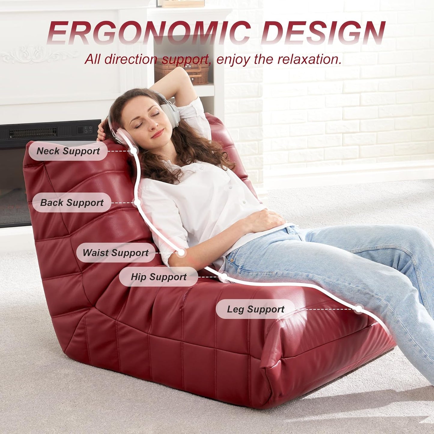 Hobestluk Giant Bean Bag Chair Lazy Floor Sofa, Memory Foam Fireside Sofa for Adults, Big Beanbag Faux Leather Armless Chair for Living Room Bedroom Dorm Office (WineRed, Single)