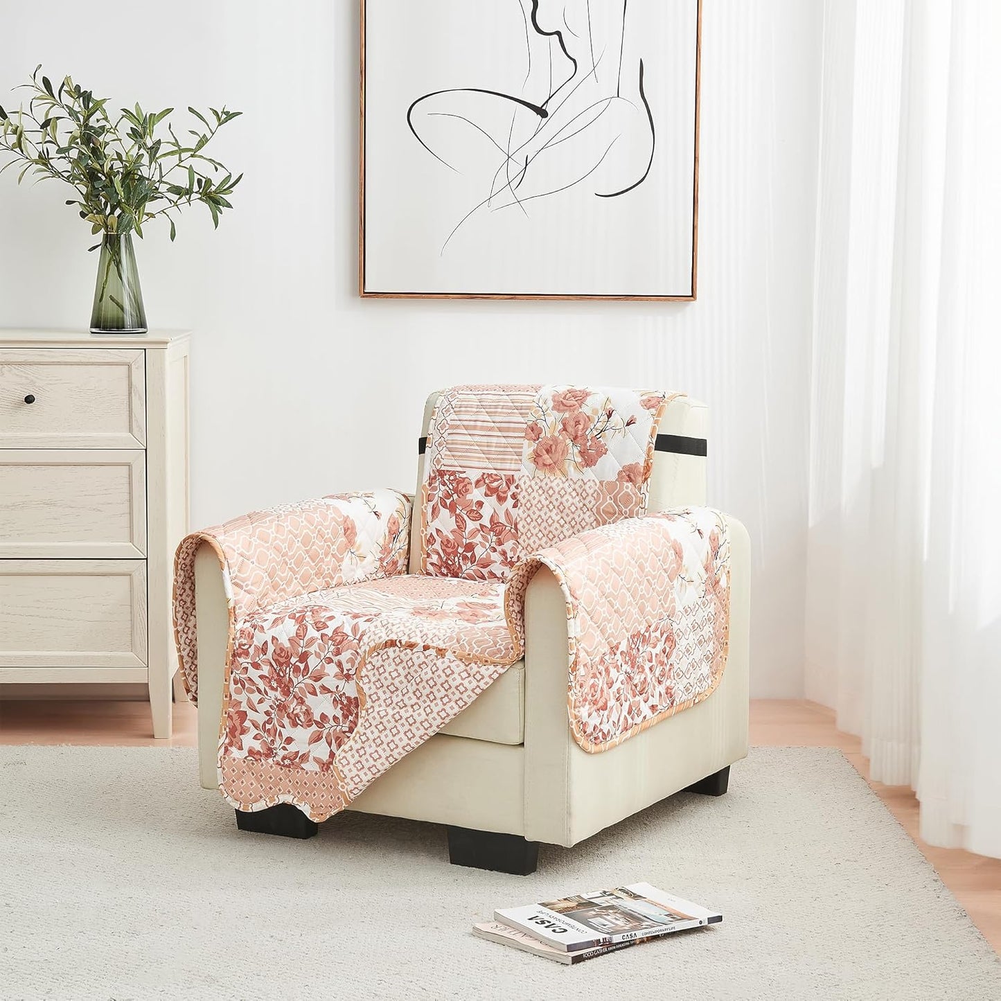 Great Bay Home Reversible Patchwork Chair Cover - Washable Slipcover Furniture Protector with Elastic Straps - Chair Cover for Dogs, Kids, and Pets - Box-Stitched Detail (Chair, Dusty Rose)