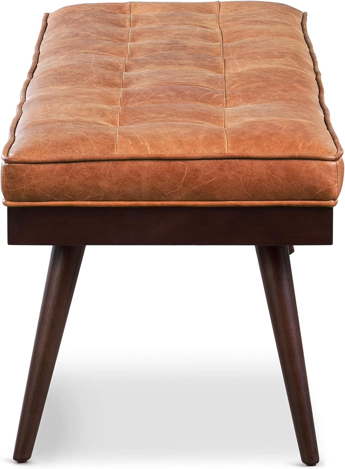 POLY & BARK 55" Tufted Leather Bed Bench for Bedroom End of Bed - Living Room Entry Way Bench - Pure Italian Leather Upholstery with a Solid Wood Frame - Ottoman Bench with Wooden Legs - Cognac Tan