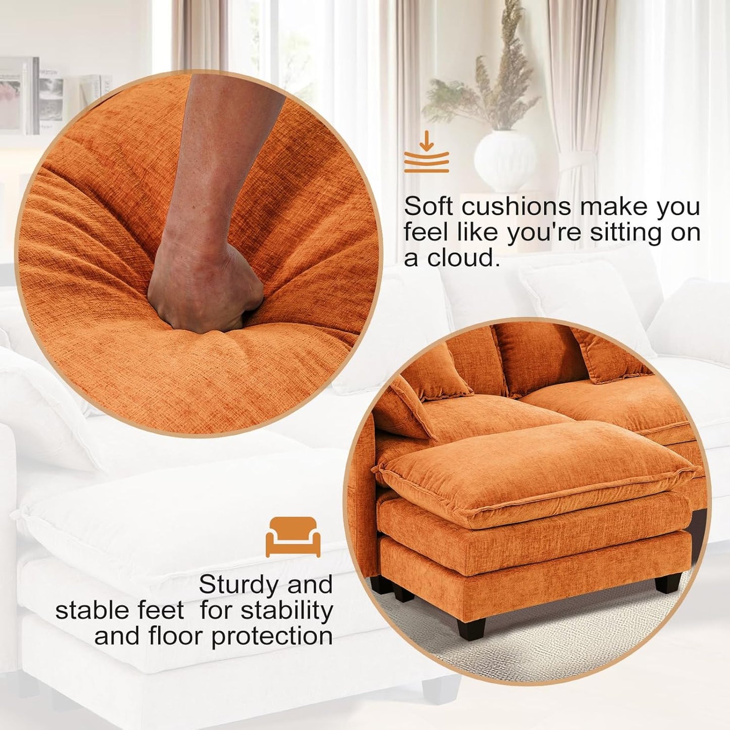 Furniliving Oversized Accent Chair with Ottoman, Luxury Chenille Single Sofa, Upholstered Deep Seat Chaise Lounge with Pillows for Living Room, Bedroom, Apartment, Orange