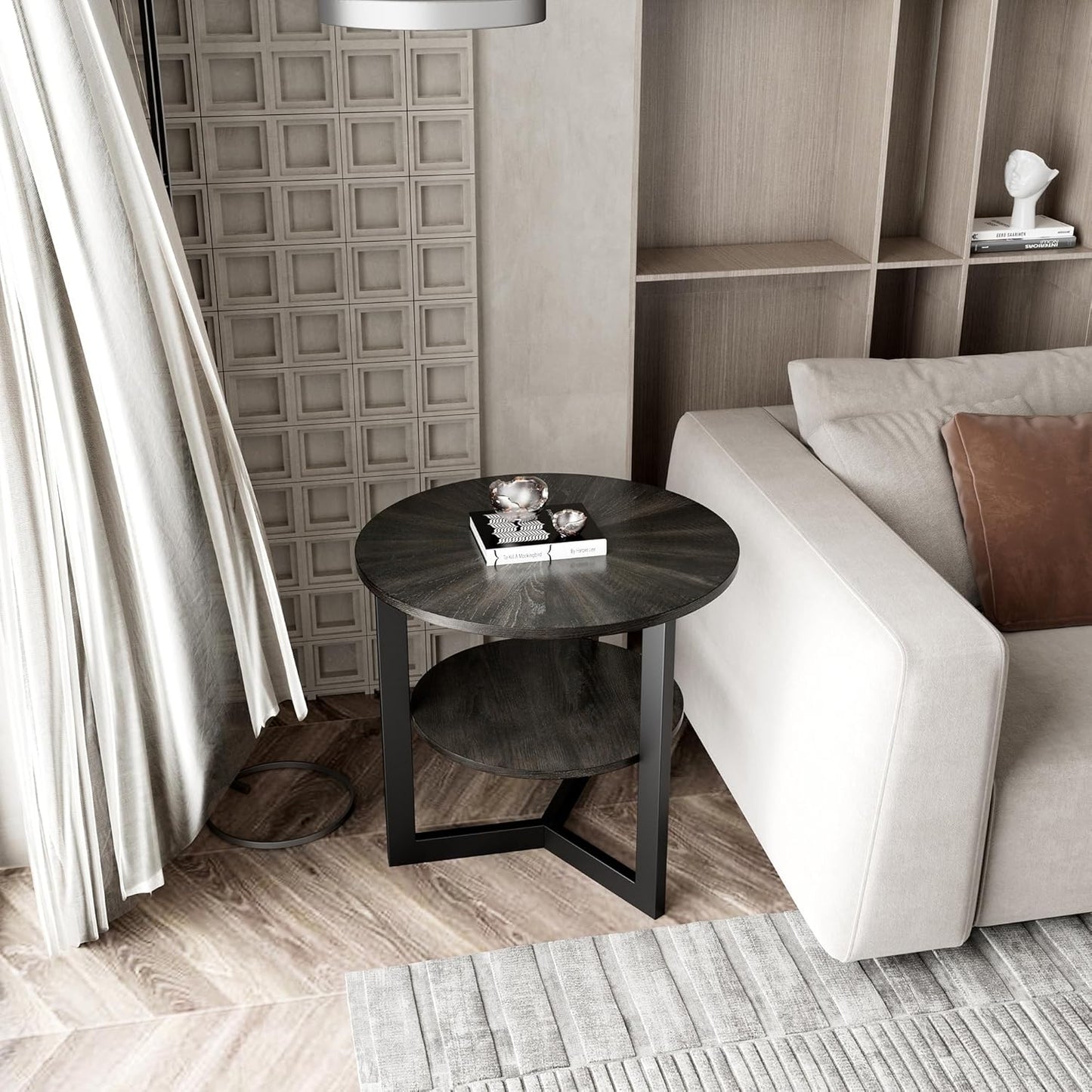 LEEMTORIG Round Side Table, Large 2-Tier End Table Nightstand with Metal Legs, Modern Bedside Couch Table for Living Room, Bedroom, Office, Rustic Black/Black, 25.2 x 25.2 x 24 inches CJZ-1338-BK
