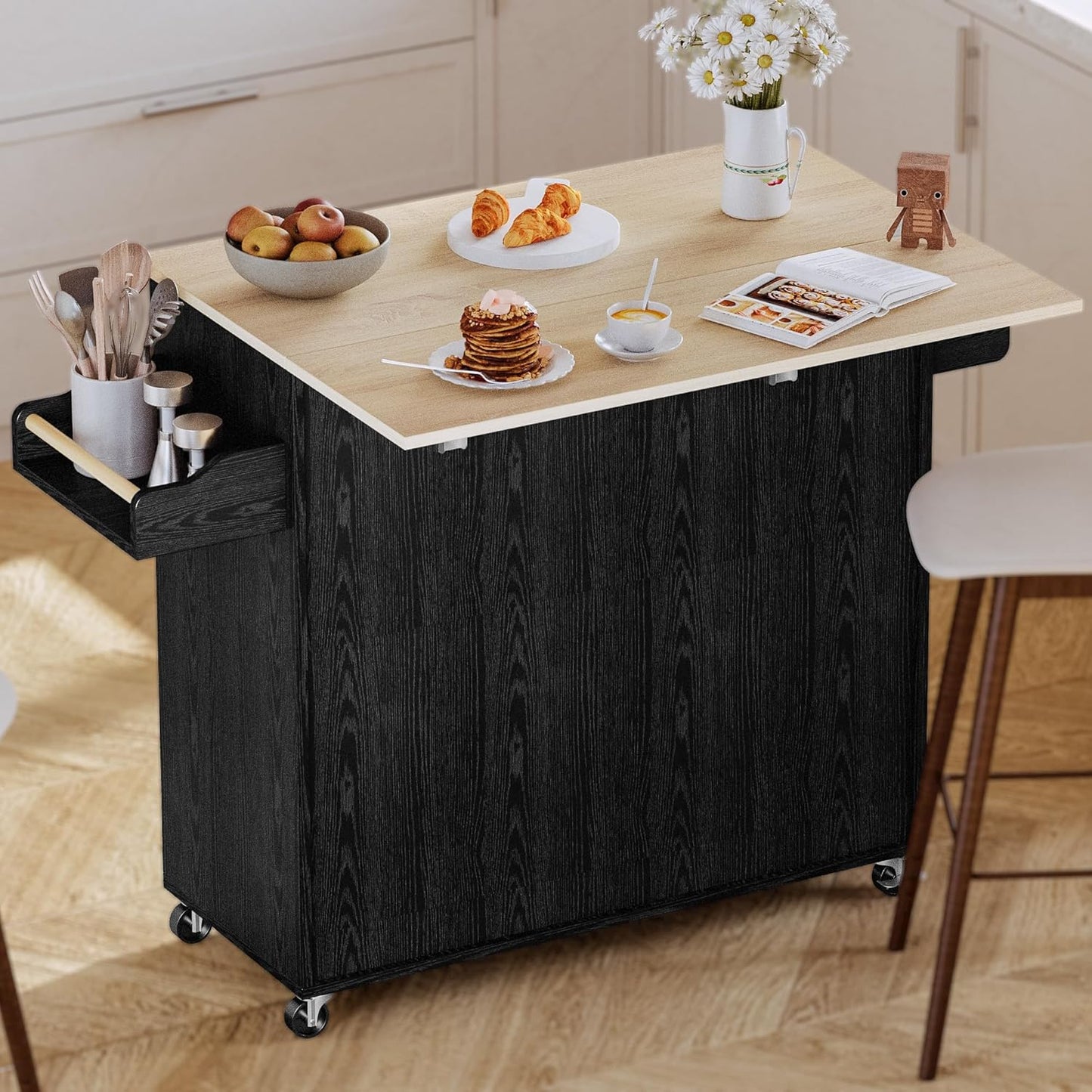 IRONCK Kitchen Island with Storage, Rolling Kitchen Island on Wheels with Drop Leaf, Charging Station, 3 Open Spice Rack, Cabinet, Drawer, Kitchen Cart Island Table for Kitchen, Black