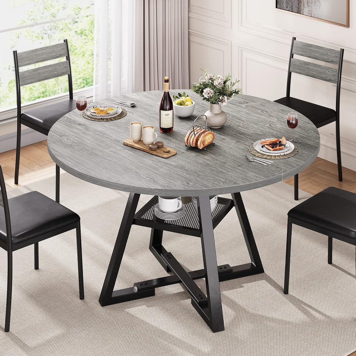 Round Dining Table for 4,Kitchen Dining Room Circle Dinner Pedestal Table,Space Saving Wood Kitchen & Dining Room Furniture, 42In,Grey