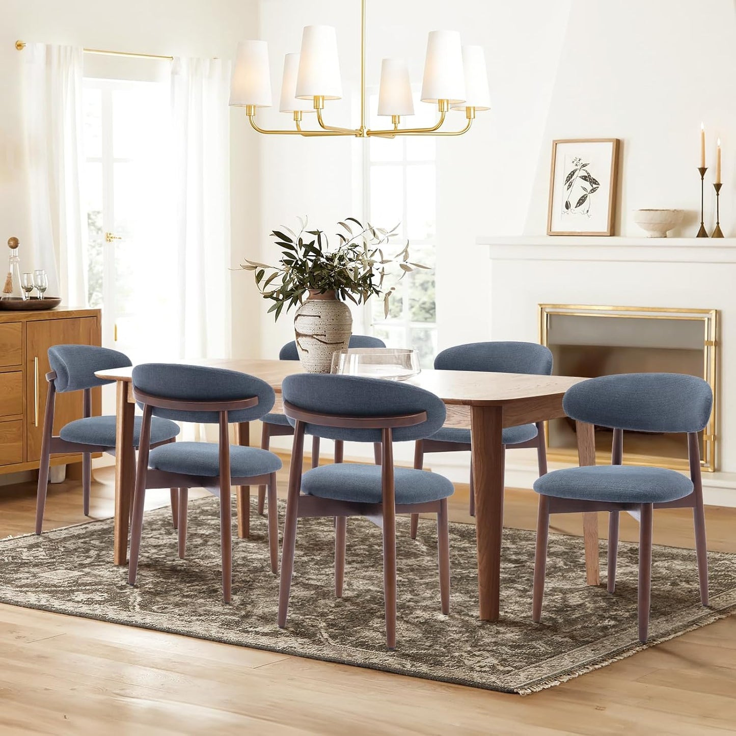 COLAMY Wooden Dining Chairs Set of 4, Modern Fabric Upholstered Kitchen Chairs, Farmhouse Dining Room Chair with Foot Pegs, Blue