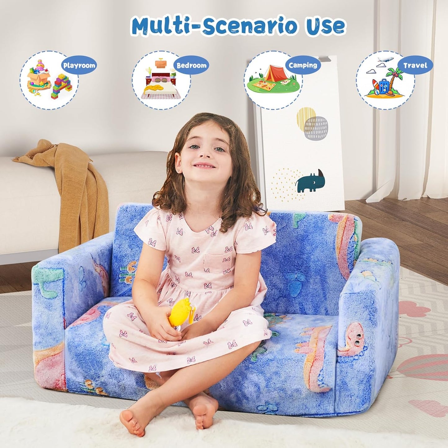 Toddler Chair Comfy,2-in-1 Soft Toddler Couch Fold Out for Kids,Convertible Sofa to Lounger,Gift for Girls and Boys Birthday,Dinosaurs,Large
