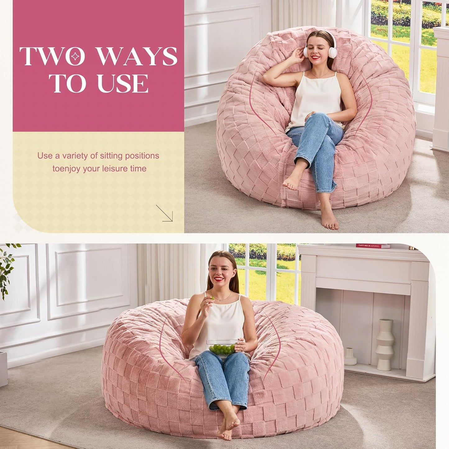 Hobestluk Bean Bag Chairs Beanbag Chair with Filler Adult Bean Bags with Fluffy Plaid Cover, Giant Bean Bag Chairs for Adults for Living Room, Bedroom (Pink, 5FT - 50” x 50” x 24”)