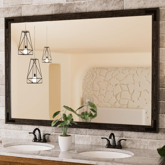 TETOTE 55 x 36 Black Wood Mirror for Bathroom Wall/Bedroom/Living Room/Entryway Farmhouse Rustic Bathroom Vanity Mirror for Over Sink Waterproof (Horizontal/Vertical Mounted)