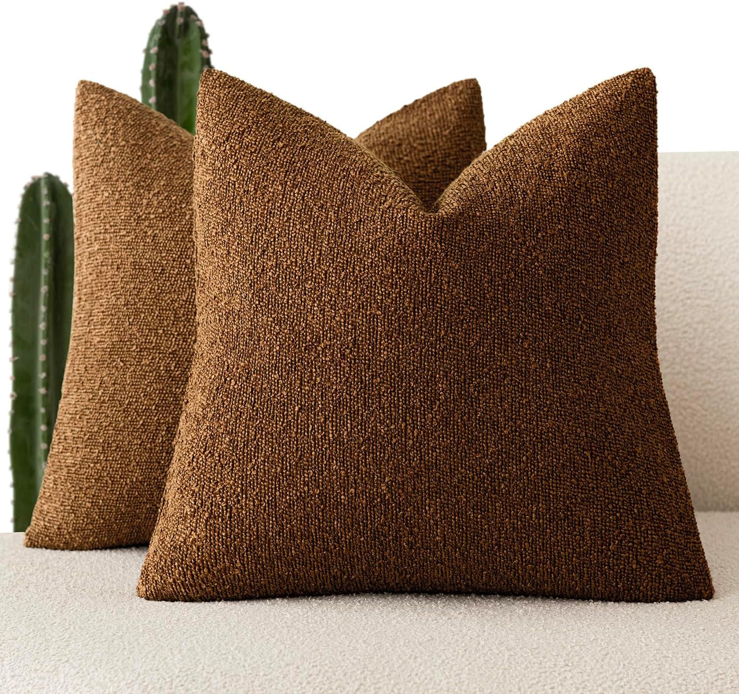 Foindtower Set of 2, Decorative Textured Boucle Throw Pillow Covers Accent Solid Pillow Cases Neutral Soft Cozy Couch Cushion Case for Chair Sofa Bedroom Living Room Home Decor 16x16 Inch Hazel Brown