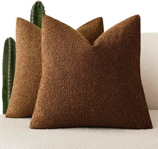 Foindtower Pack of 2 Textured Boucle Throw Pillow Covers Accent Solid Pillow Cases Cozy Soft Decorative Couch Cushion Case for Chair Sofa Bedroom Living Room Home Decor 18x18 Inch Hazel Brown