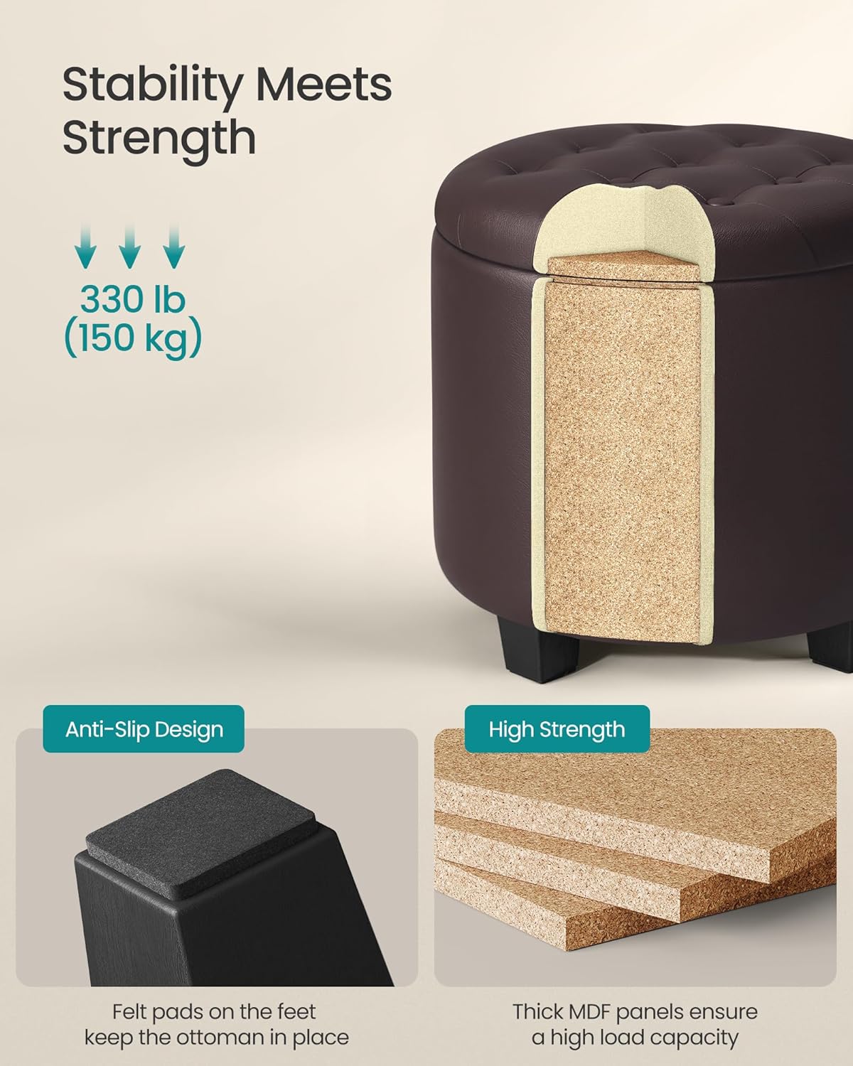 SONGMICS Round Ottoman, Ottoman with Storage, 17.7 x 17.7 x 17.5 Inches, Foot Rest with Legs, Synthetic Leather, Load up to 330 lb, for Living Room, Bedroom, Chestnut Brown ULOM014K01