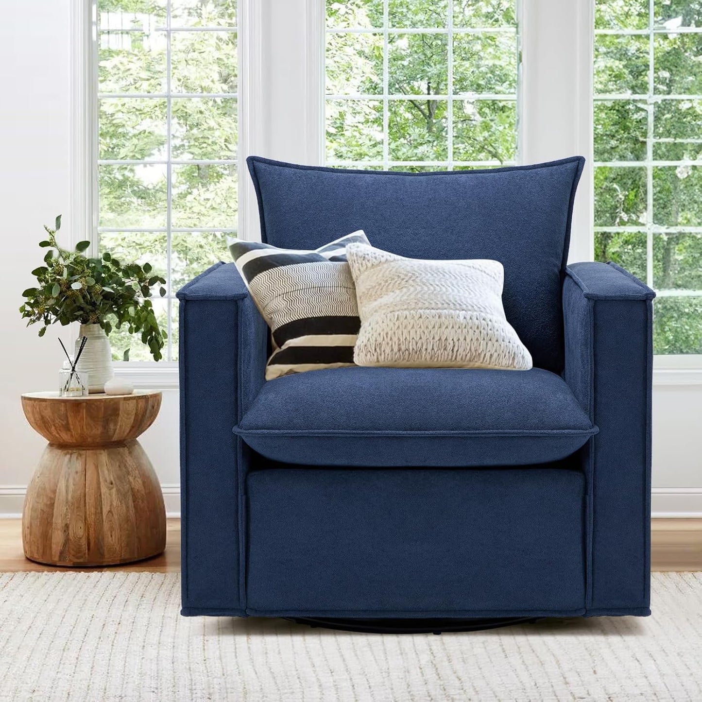 COLAMY Swivel Accent Chair, 34 Inches Wide Upholstered Arm Chair with Plump Back Pillow, Modern Sofa Living Room Chair for Bedroom, Corner, Reading Nook-Blue