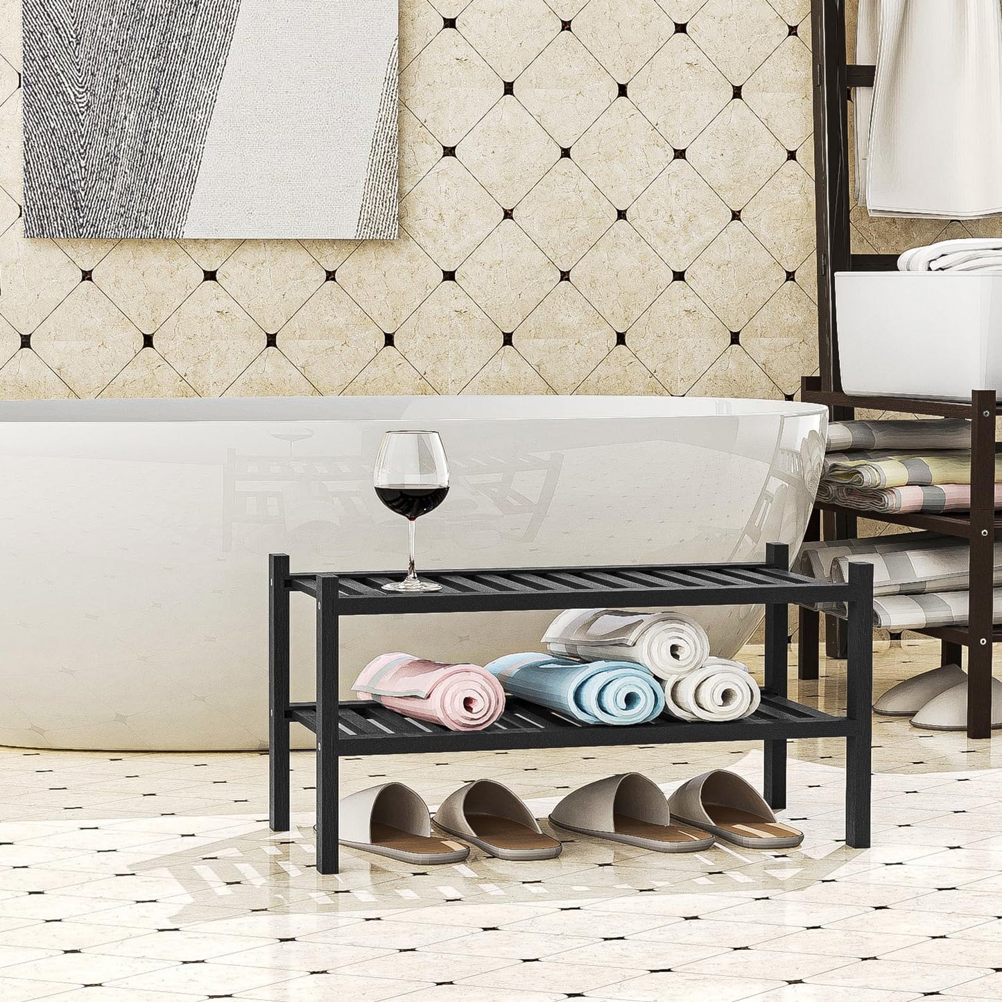 Shoe Rack 2-Tier Organizer-Stackable Storage Shelf with Multi-Function Combinations-Free Standing Bamboo Shoe Racks for Closet,Entryway,Hallway,Bathroom,Living Room Shoe Organization (Black, 2-Tier)