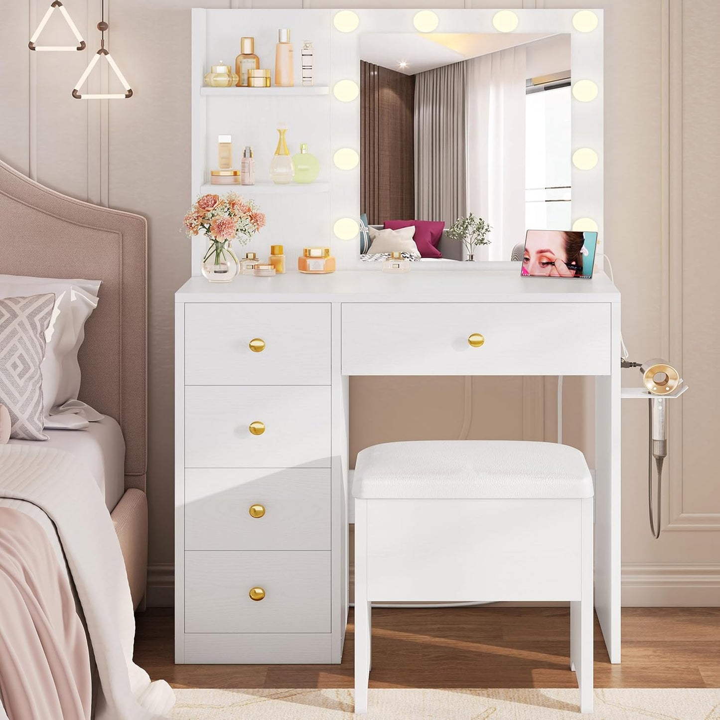 IRONCK Vanity Desk with Mirror and Lights, Small Makeup Vanity Table with 5 Drawers, Power Outlet, and Vanity Stool, 3 Lighting Colors, Dressing Table for Women Girls Bedroom, White