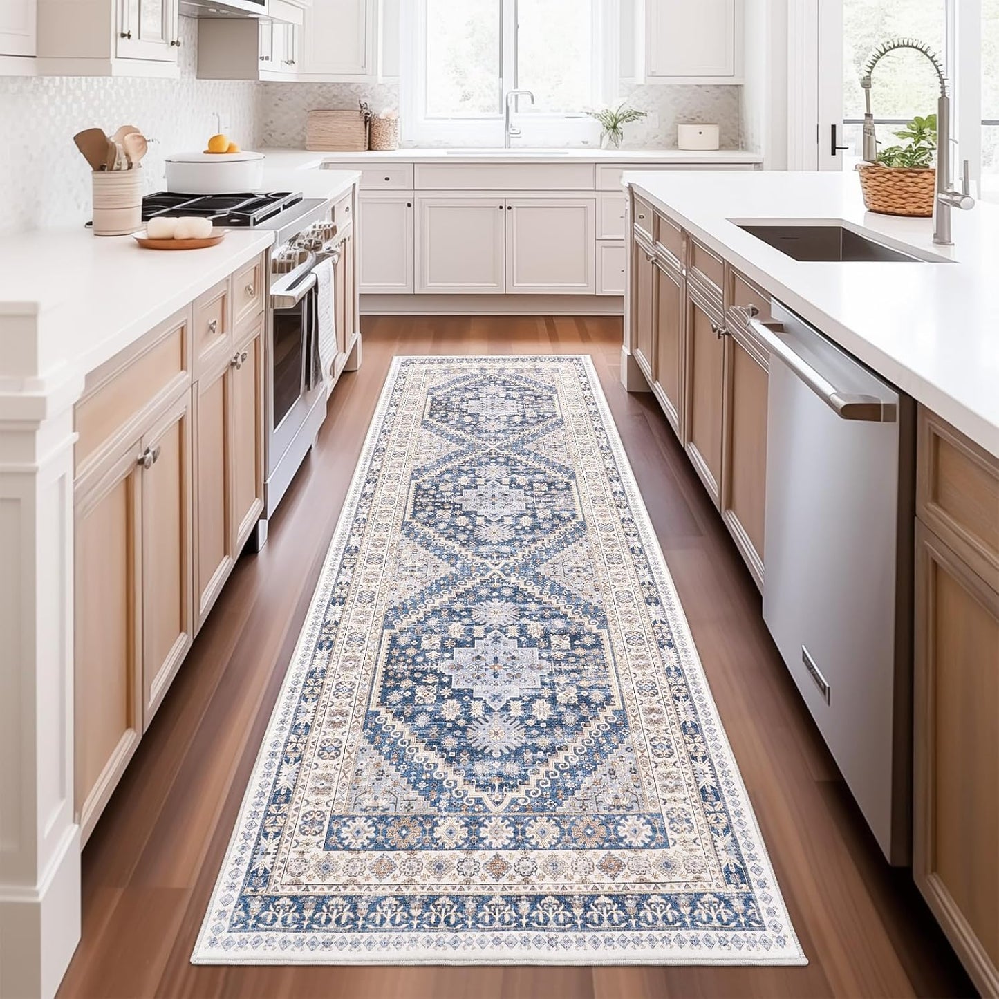 zesthome Washable Runner Rug 2.5x8 - Stain Resistant Entryway Rug,Ultra-Thin Kitchen Rugs, Anti Slip Backing Runner Rugs for Entrance Laundry Room Indoor Hallway (Blue/Beige,2.5'x8')