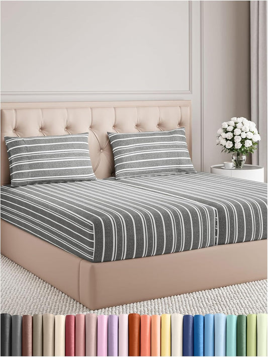 Split King Size 5 Piece Sheet Set - Comfy Breathable & Cooling Bed Sheets Set - Hotel Luxury Bedding for Women, Men, Kids, Teens, Boys & Girls - Deep Pockets & Wrinkle Free - Oeko-Tex - Grey Stripes 3