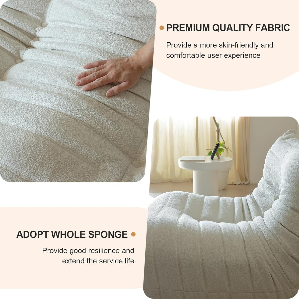 Luxury Sofa Couch Chair, Lazy Floor Seating, Fireside Bean Bag Chair, Ergonomic Tatami Sofa Lounger for Living Room, Bedroom, Office, Loveseat, White