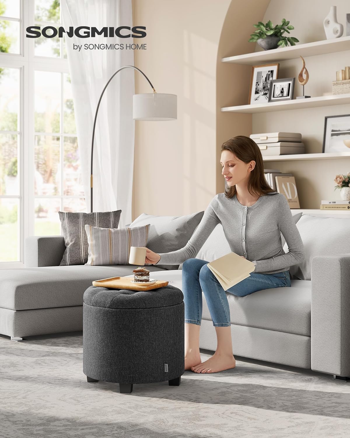 SONGMICS Round Ottoman, Ottoman with Storage, 17.7 Dia. x 17.5 H Inches Foot Rest with Legs, Load up to 330 lb, for Living Room, Bedroom, Dark Gray ULOM011G01