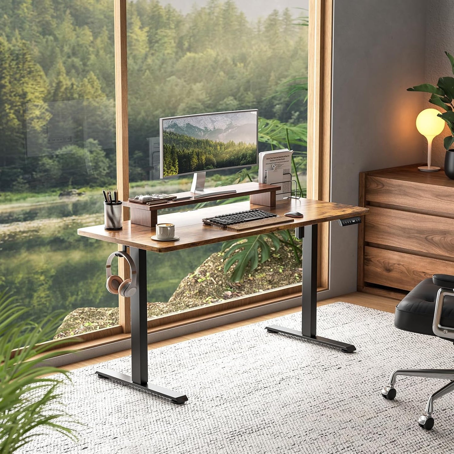 Veken 55 Inch Large Electric Standing Desk, 4 Memory Heights Adjustable,Sit to Stand Up, Work Home Office Computer Table for Study, Walking Pad, Writing, and Games, Wooden Desktop Desks, Brown