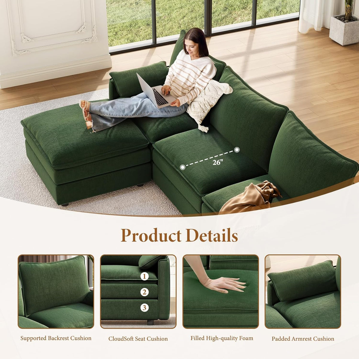 Vesgantti 108" U Shaped Sectional Couch, Comfy Cloud Modular Sectional Sofa with 2 Ottoman Deep Seat Chenille Modern Cloud Sofa, Modular Sofas for Living Room, Bedroom and Apartment, Green