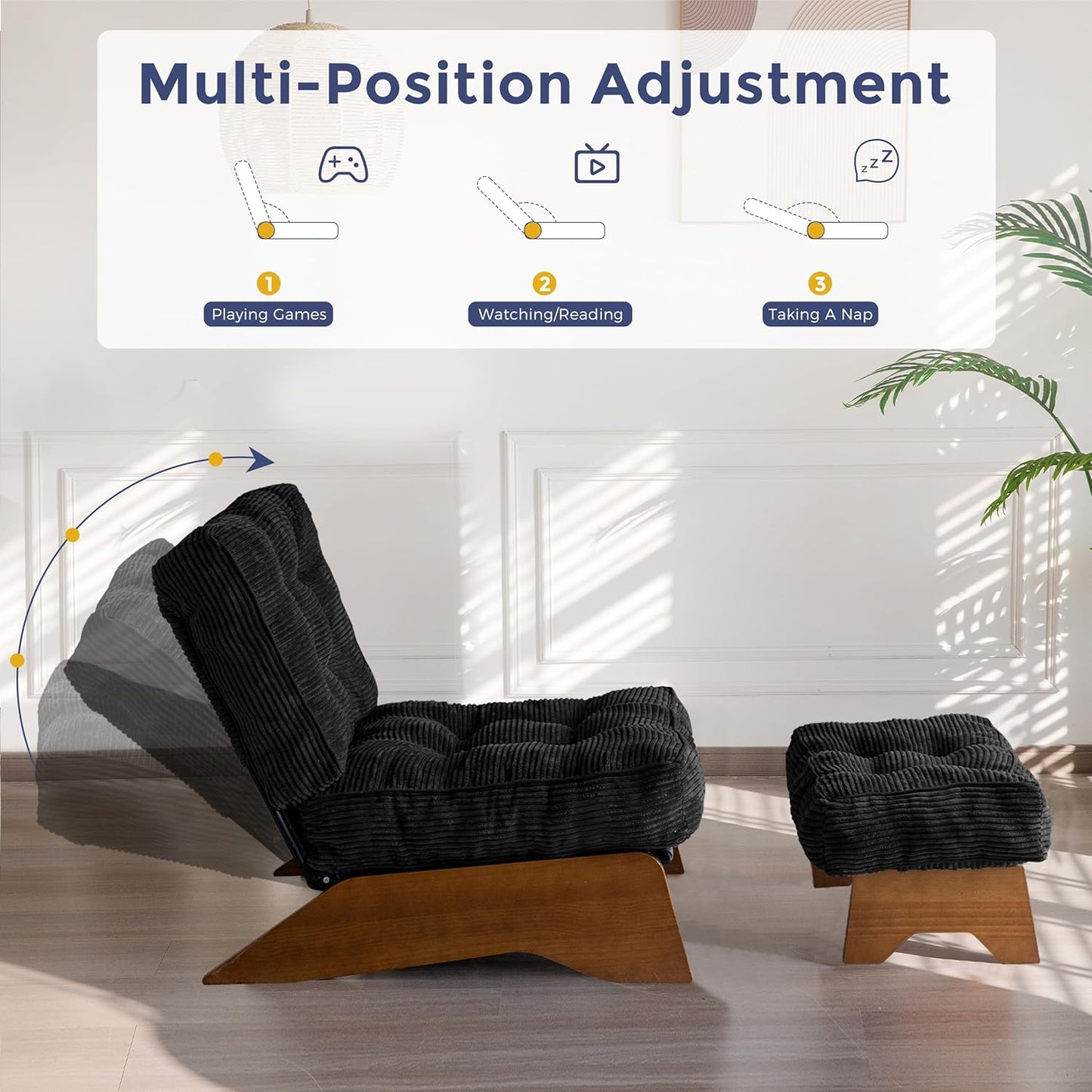 MAXYOYO Accent Chair with Ottoman Adjustable Backrest, Tufted Living Room Chair Upholstered Lounge Chair with Footrest Set, Modern Chair Cozy Reclining for Reading Room, Black