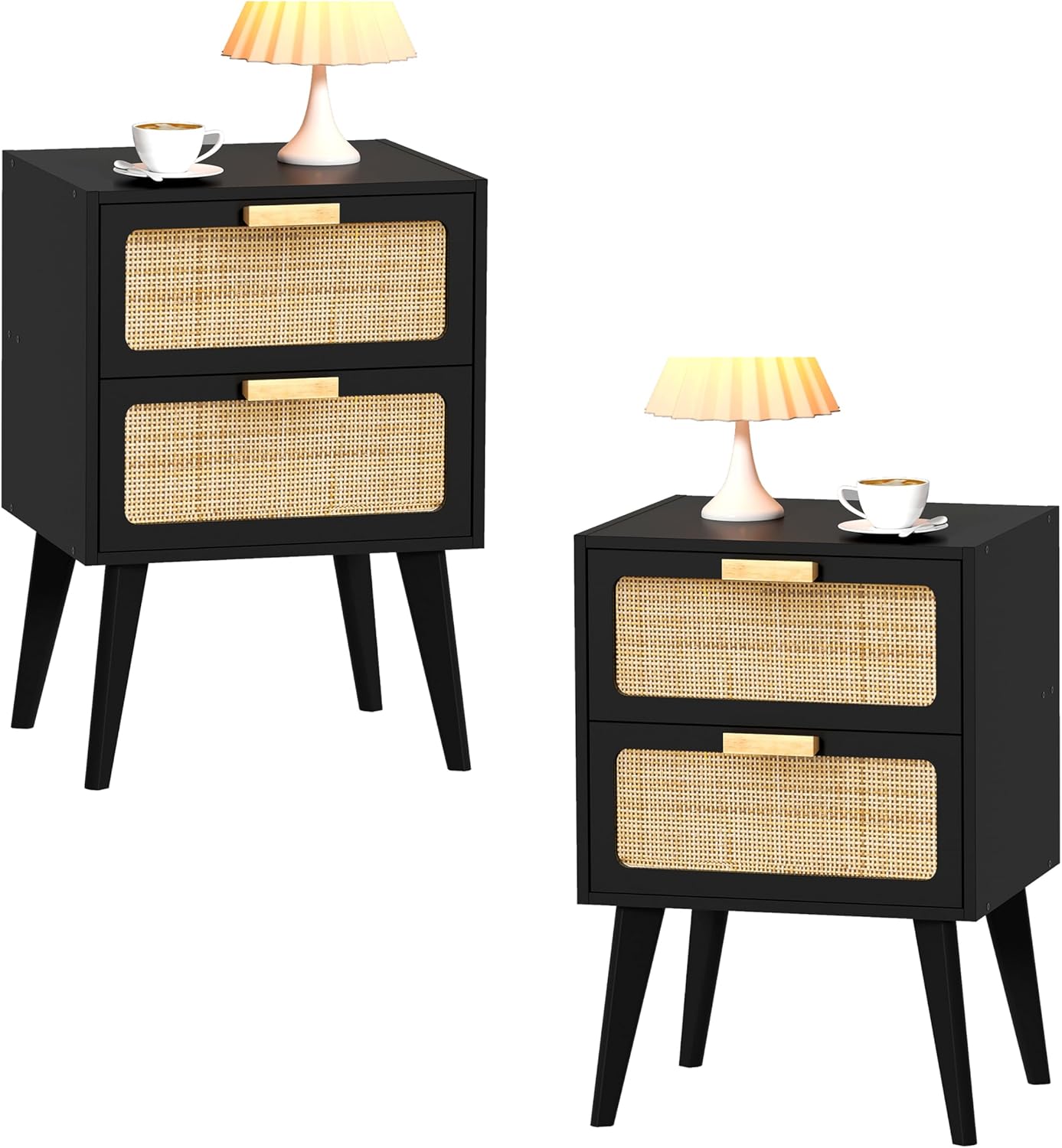 Rattan Nightstand Set of 2,Mid Century Modern Bedside Table with Storage,End Table,Side Table with 2 Hand Made Rattan Decorated Drawers for Livingroom, Bedroom, Black CTG59B-2