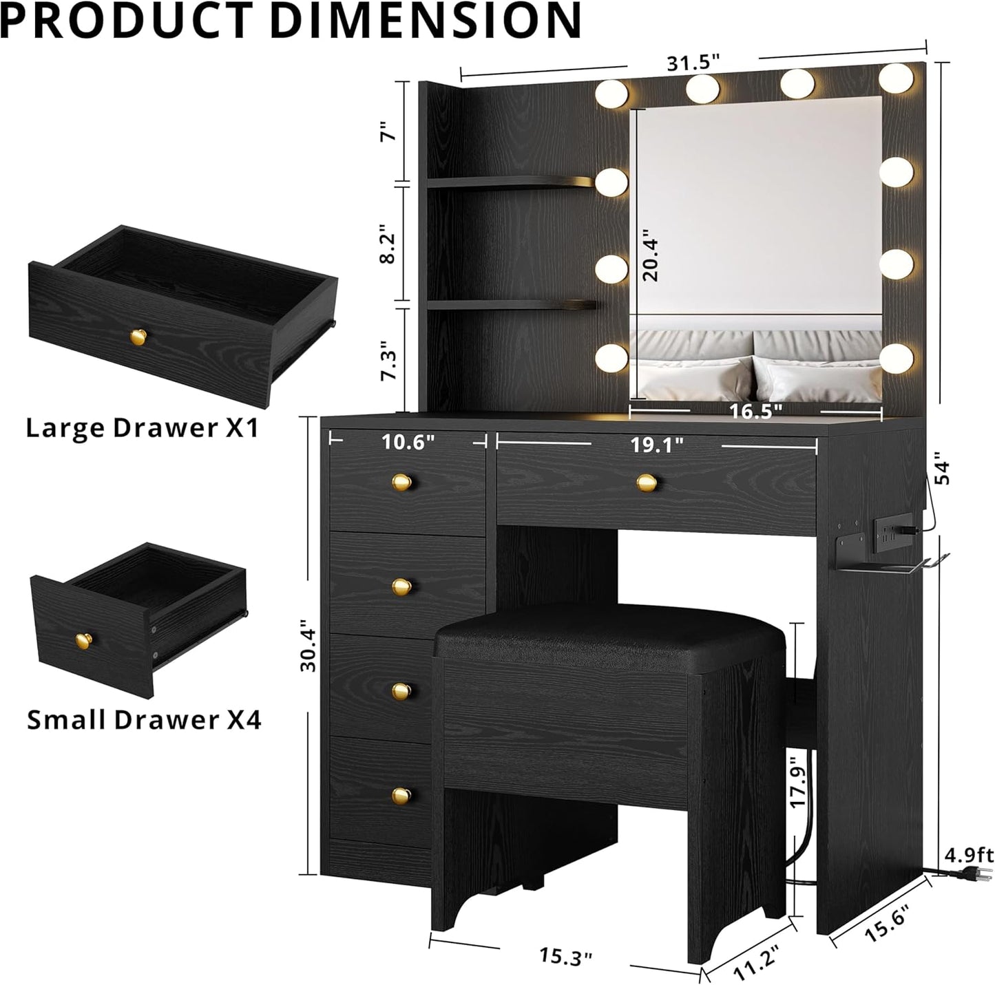 IRONCK Vanity Desk with Mirror and Lights, Small Makeup Vanity Table with 5 Drawers, Power Outlet, and Vanity Stool, 3 Lighting Colors, Dressing Table for Women Girls Bedroom, Black