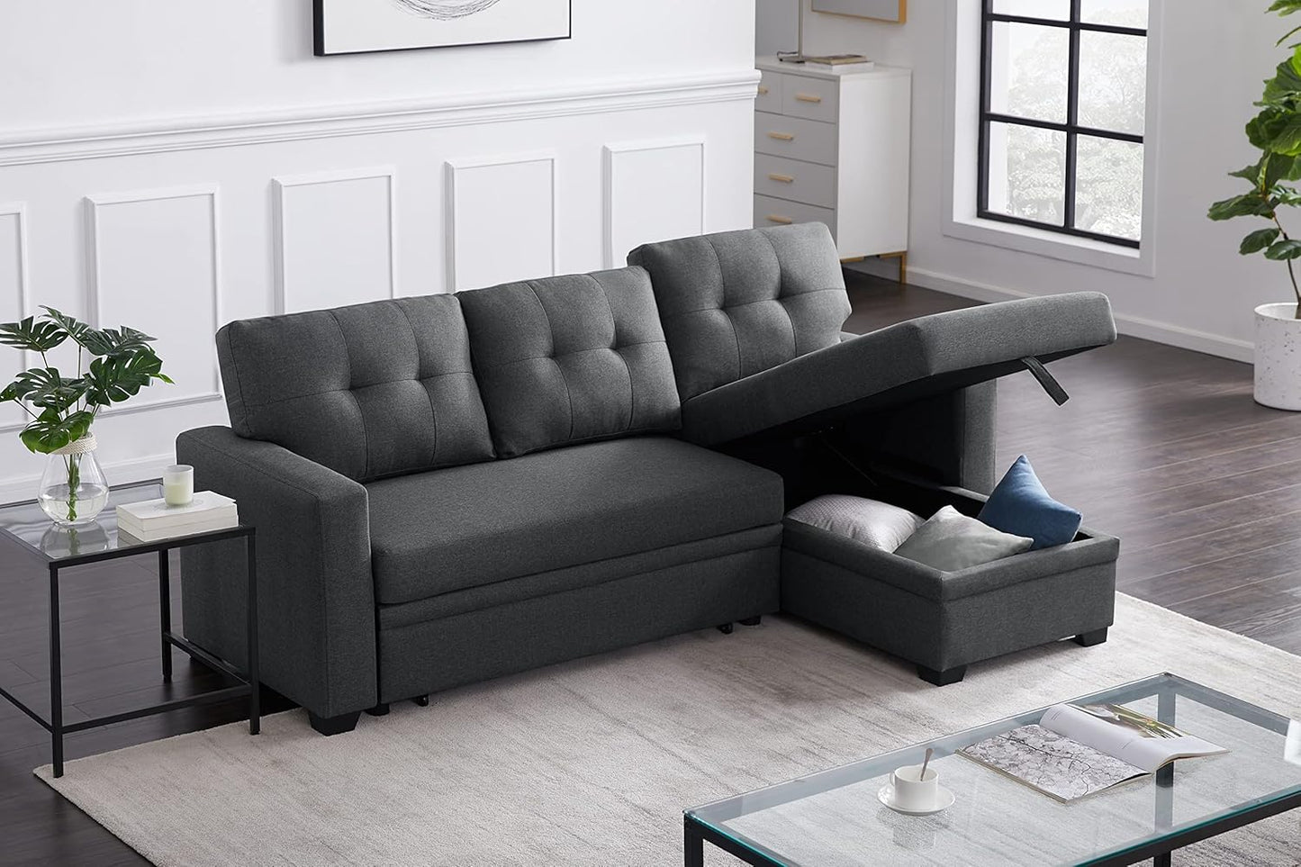 Devion Furniture Garisa 4-in-1 Convertible L Shaped Couch with Pull Out Bed and Storage, Sectional Sleeper Sofa with Reversible Chaise for Living Room, Apartment, Bedroom, Office