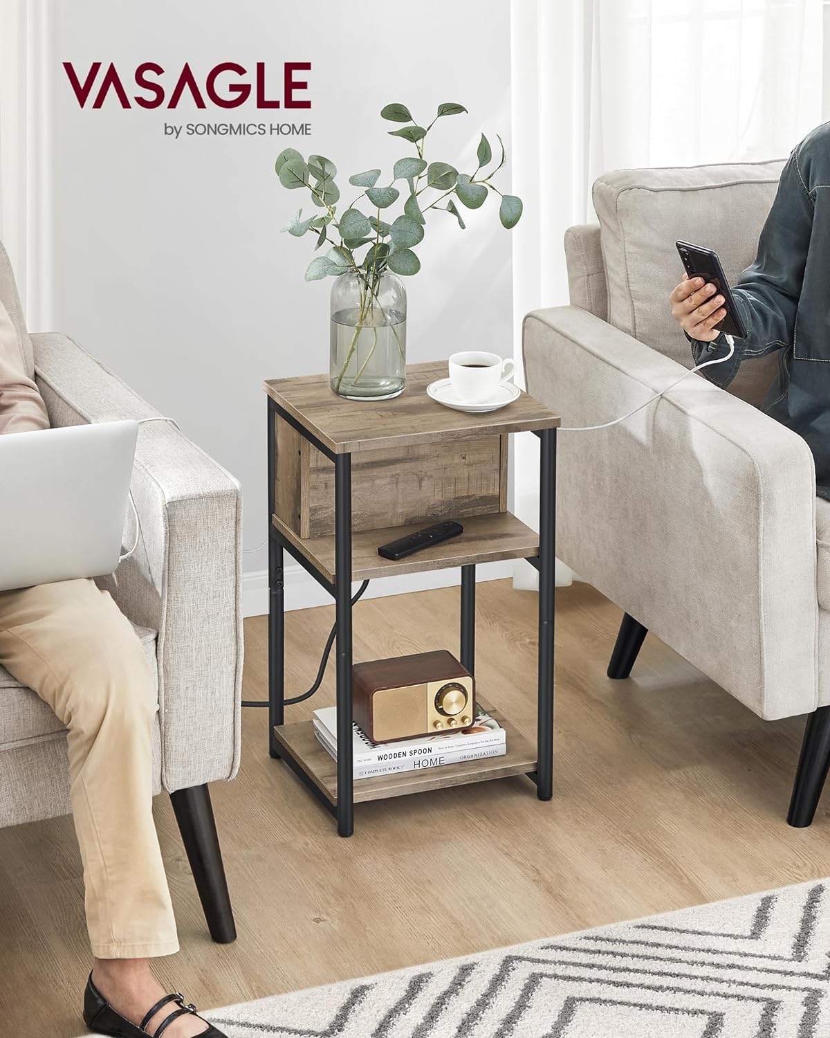 VASAGLE Side Table with Charging Station, 3-Tier End Table with USB Ports and Outlets, Nightstand for Living Room, Bedroom, 11.8 x 13.4 x 22.8 Inches, Plug-in Series, Camel Brown and Black