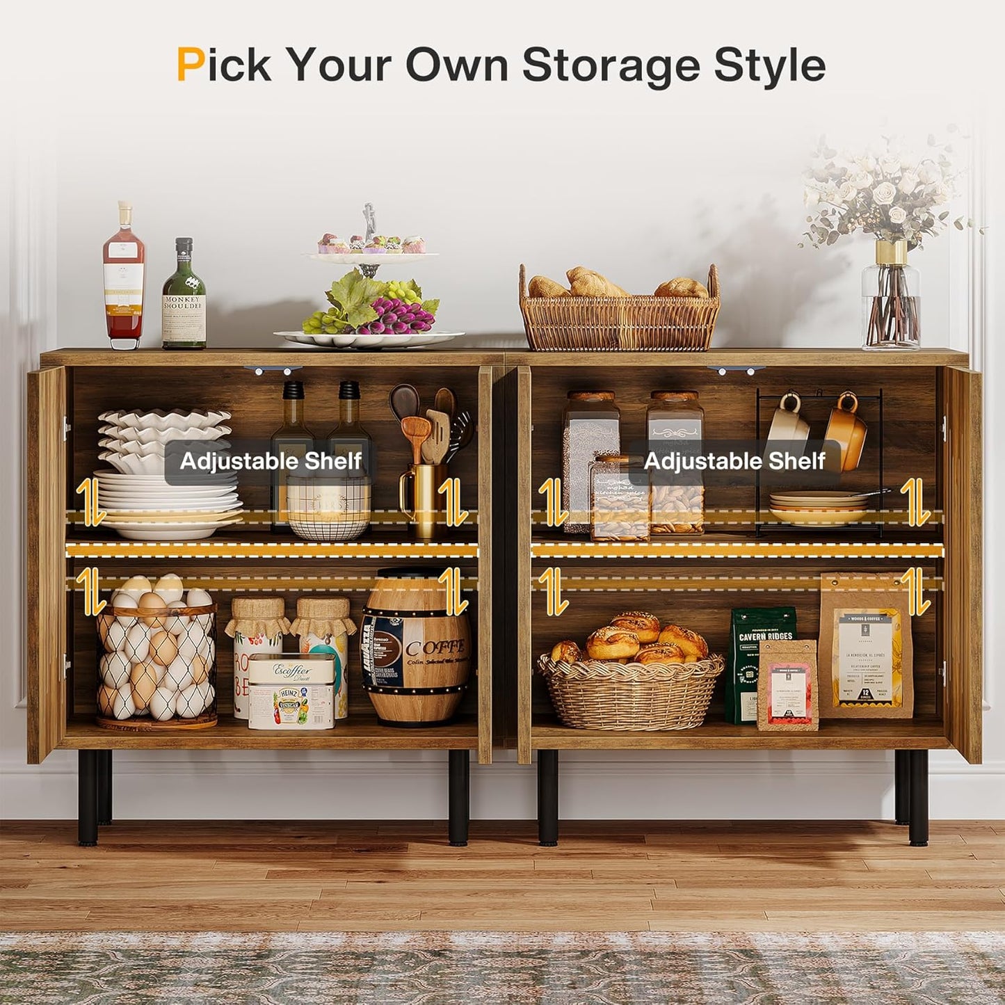 Tribesigns Set of 2 Sideboard Buffet with Storage, 59" Buffet Sideboard Cabinet with Adjustable Shelves, Accent Storage Cabinet for Living Room, Rustic Brown