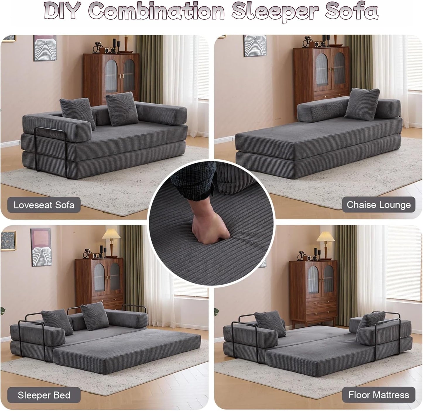 Convertible Sofa Bed, Compression Futon Sofa with Pillows & Armrest, Foldable Mattress Couch with Fixed-Shape Frame, Comfy Couch Lounge Sleeper Bed for Living Room Bedroom, Dark Gray