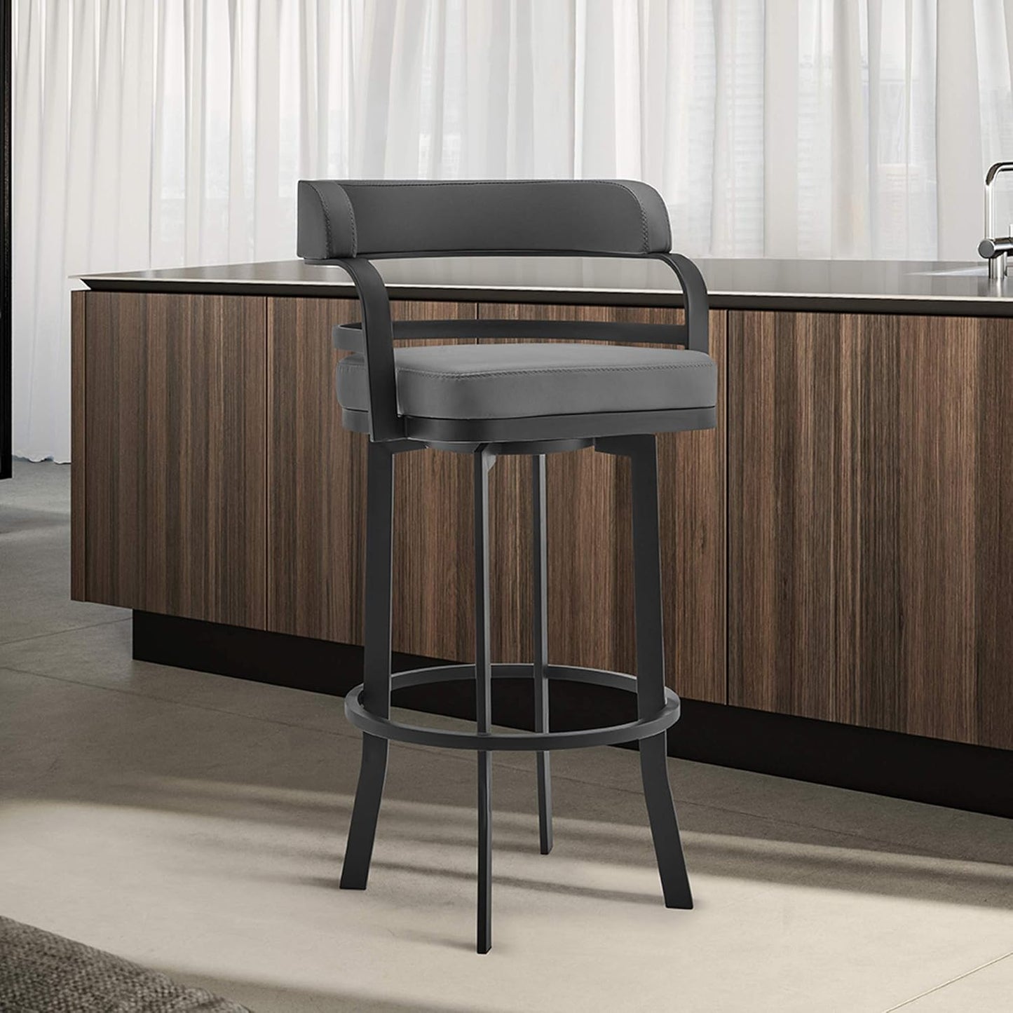 Armen Living Prinz Modern 26" Seat Height Gray Faux Leather and Black Steel Metal Swivel Bar Stool for Kitchen Island Counter