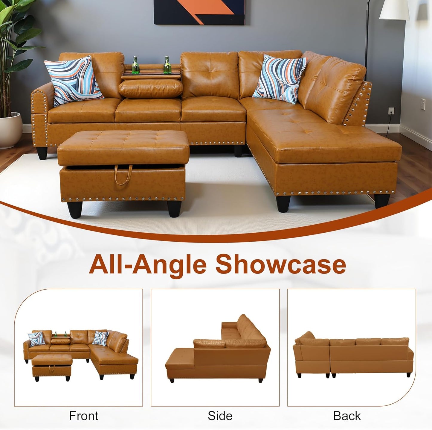 Osparple L Shaped Couch PU Leather Sectional Couch Upholstered 3 Pieces Sofas for Living Room with Chaise, Ottoman with Storage for Office and Small Apartment, Ginger