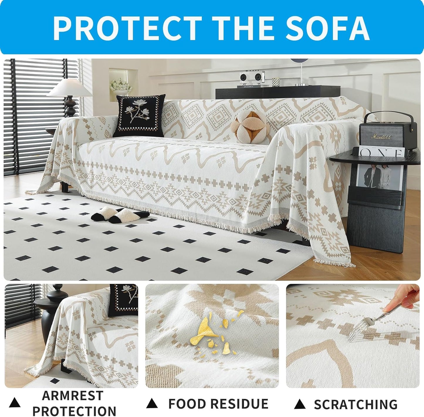 LUFEIJIASHI Boho Couch Covers for Sofa Non Slip Sofa Covers Washable Couch Covers for 3 Cushion Couch Sofa Pet Friendly Sectional Couch Cover Blanket Furniture Protector for Dogs (Khaki, 91"x150")