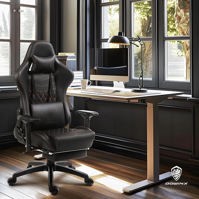 Dowinx Gaming Chair Big and Tall, Ergonomic Computer Chair with 4D Armrests and Footrest Massage Lumbar Support, High Back Comfortable Gamer Chair for Adults 350Lbs PU Leather for Office Game, Black