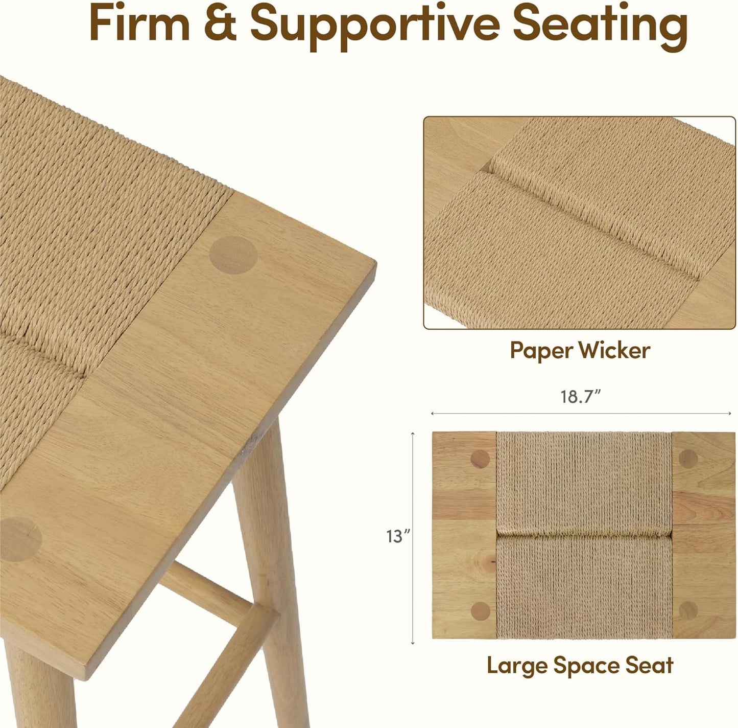 Thor Wicker Counter Height Wooden Counter Stool with Hand-Knitted Rope, K/D, Backless Island 24" Wicker Stool for Kitchen, Light Oak, Solid Wood, Eco-Friendly, Modern Design (Light Oak)