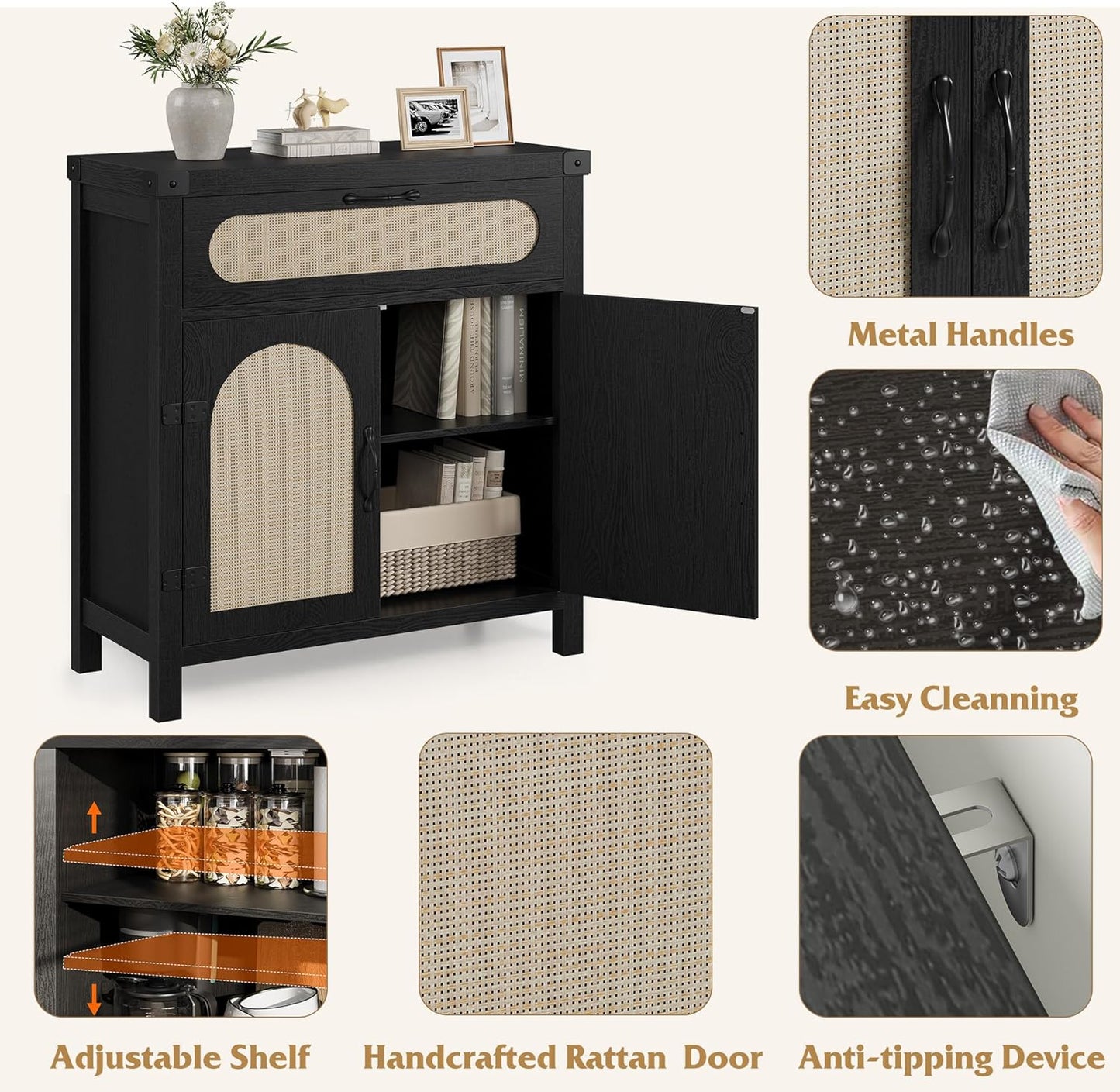 Garvee 29.9'' Small Rattan Buffet Cabinet with Storage, Kitchen Coffee Bar Cabinet with Doors and Drawer, Boho Farmhouse Sideboard with Adjustable Shelves and Handle for Living Room, Black