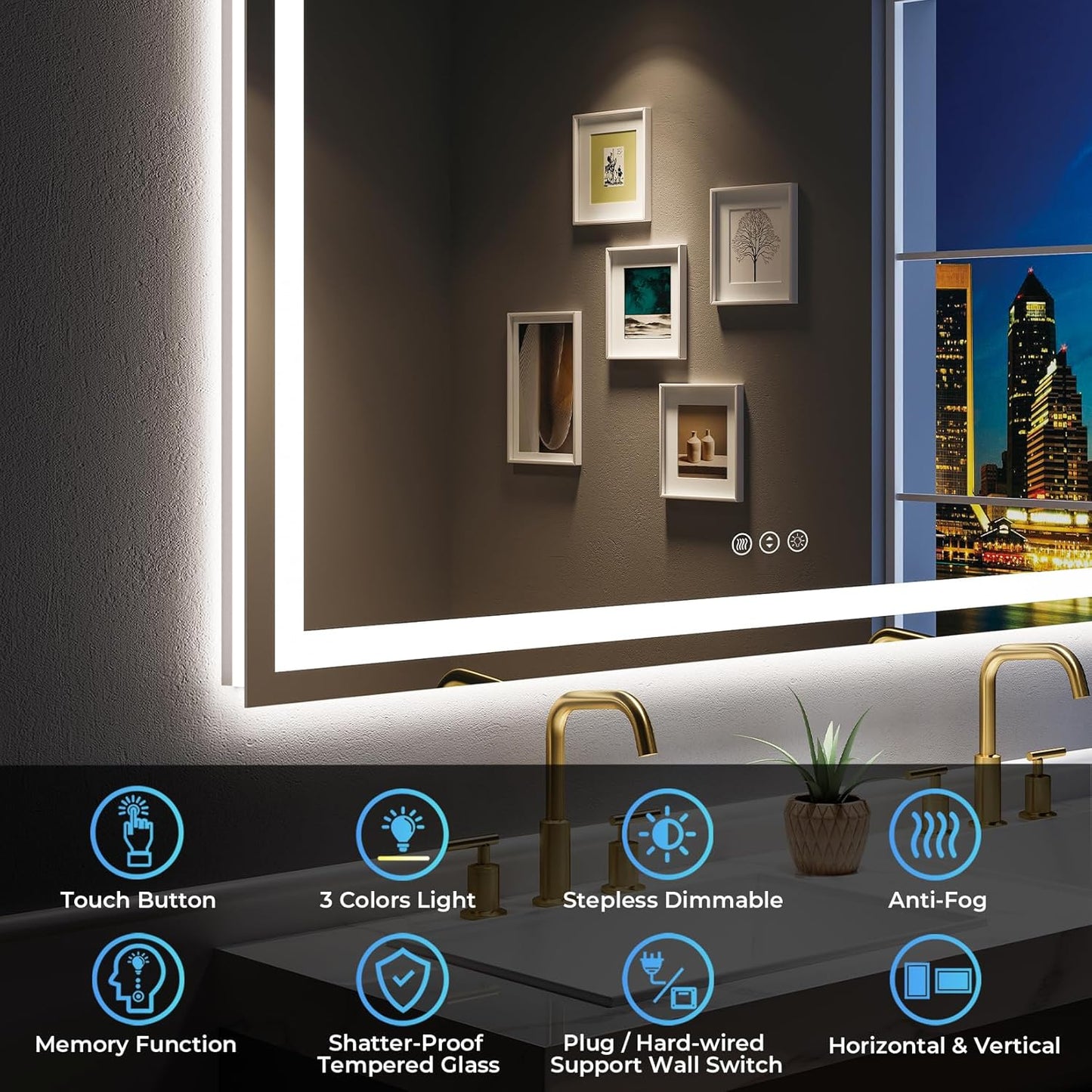 60x40 Inch LED Bathroom Mirror with Lights Front and Backlit Lighted Vanity Mirror for Bathroom Wall with 3 Colors Dimmable Anti-Fog Memory Shatter-Proof IP54 Waterproof Horizontal/Vertical