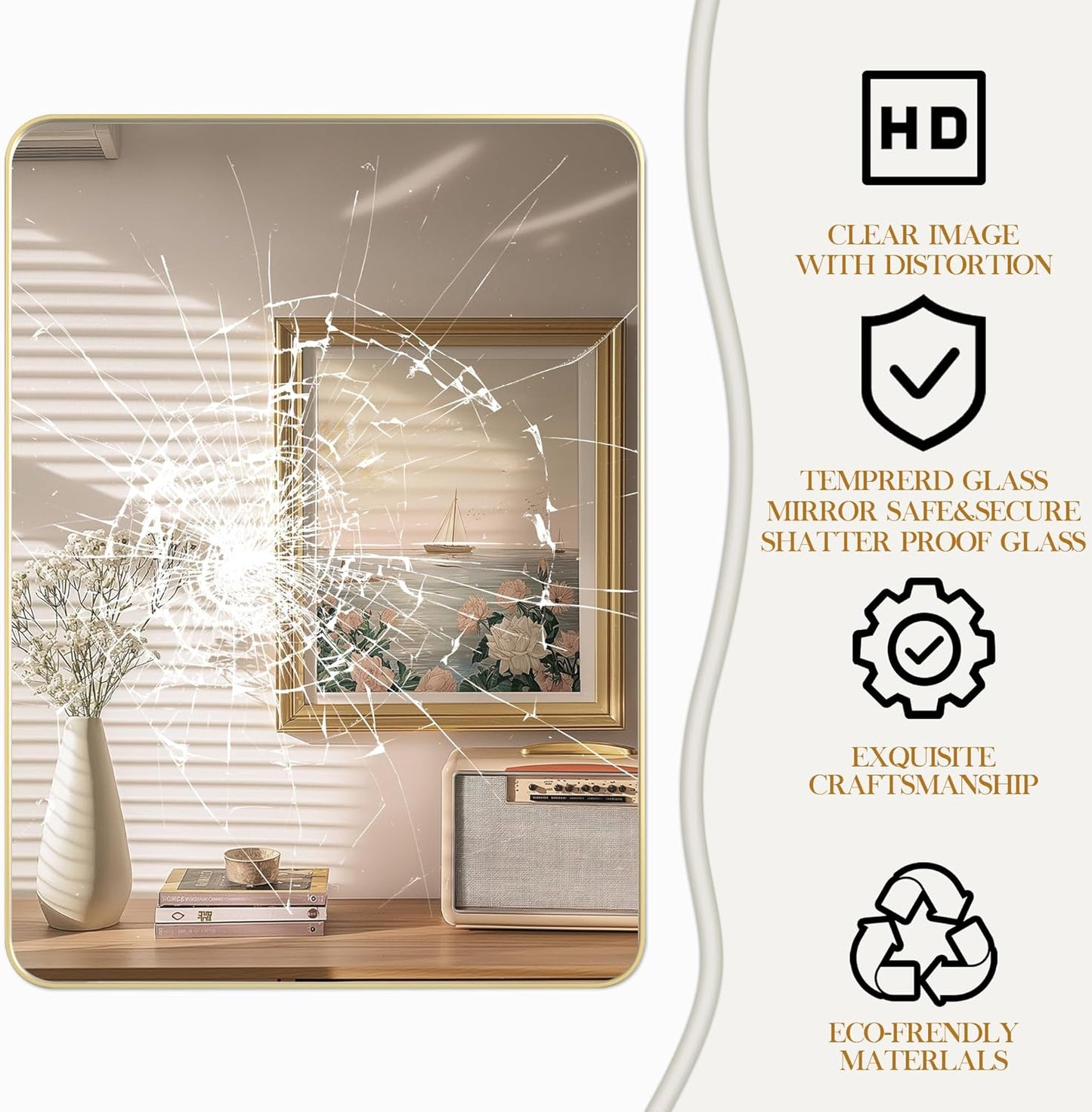 Fun Memories Gold Bathroom Mirror 23x32 Inch Bathroom Vanity, Metal Black Frame Large Mirror, Modern Wall Mirror for Bathroom, Tempered Glass, Farmhouse, Horizontally or Vertically