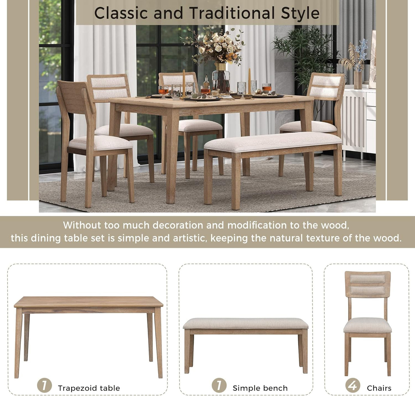 Ball & Cast 6 Piece Dining Table Set with 4 Upholstered Chairs & 1 Bench,Wooden Living Room Furniture W/ 60" Rectangle Kitchen Desk,for Restaurant,Home Bistro,Natural Wood Wash