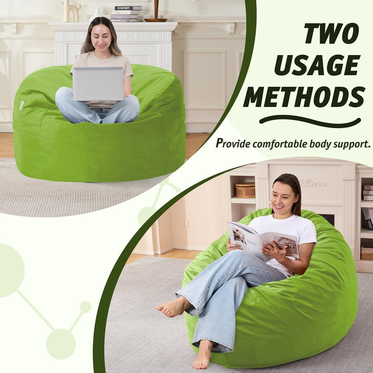 3FT Bean Bag Chair with Ultra Soft Velvet Cover Bean Bag Sofa with Memory Foam Bean Bag Chairs with Large Size Lazy Sofa for Dorm Office Living Room Bedroom Grass Green 3'
