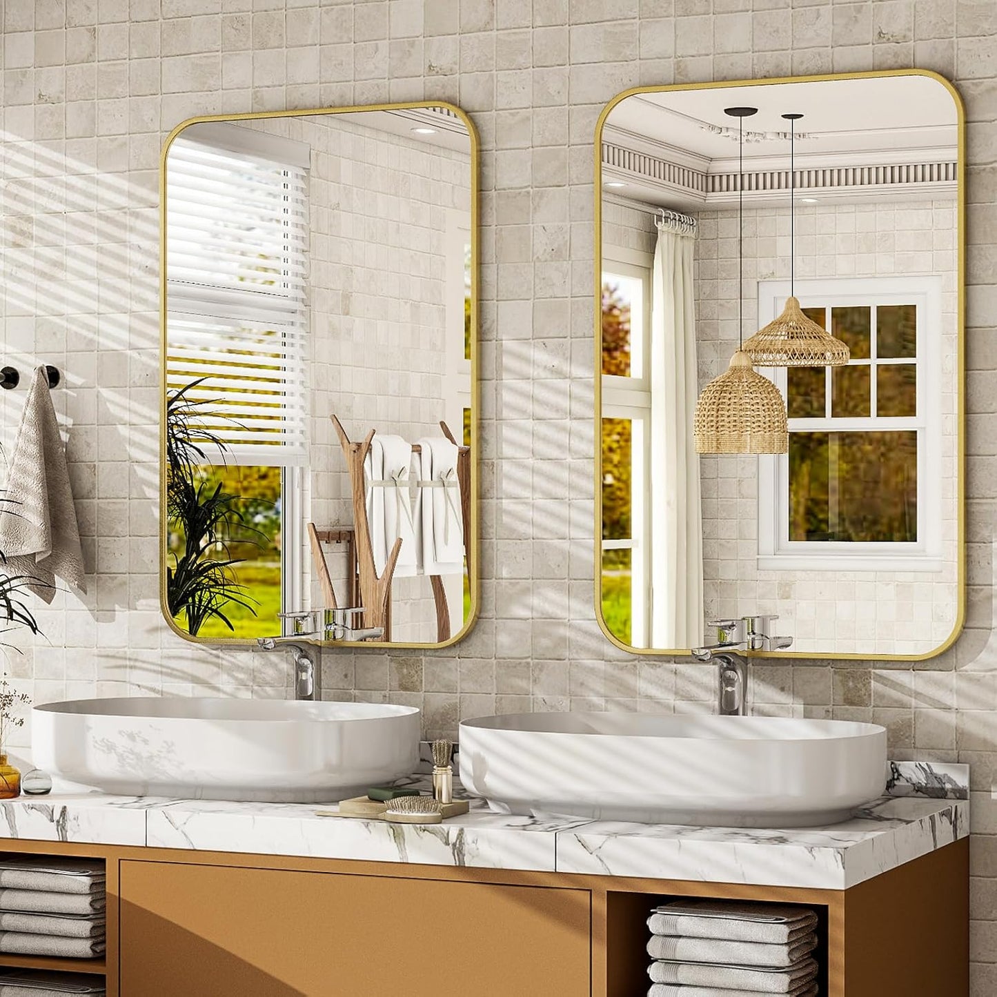 20 x 28 Inch Bathroom Mirror, Rounded Rectangular Vanity Mirror for Wall, Modern Mirror for Room Decor, Gold Framed Wall-Mounted Mirrors for Home Decor, Hangs Horizontally or Vertically