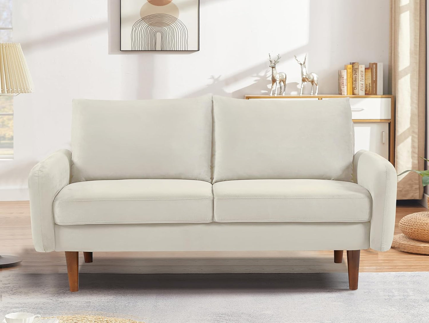 Container Furniture Direct Kent Velvet Loveseat Sofa for Modern Living Rooms and Compact Spaces, Comfy 2 Seater Couch Studio Apartment Furniture with Sleek Design, Ivory