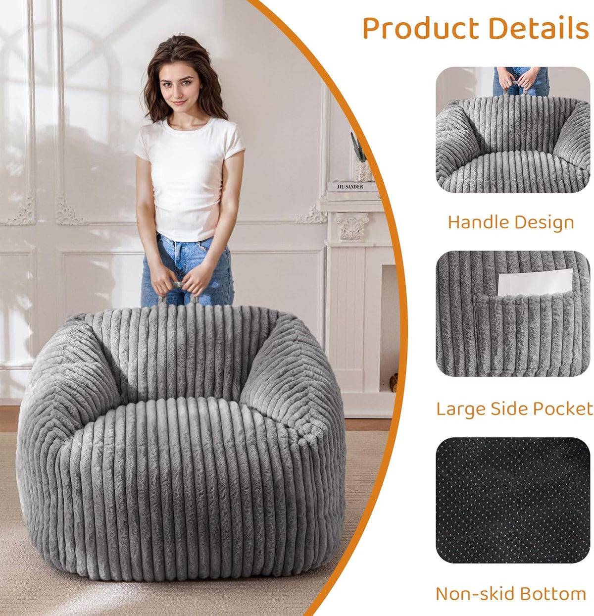 BYBYME Giant Bean Bag Chair for Adults and Kids, Large Comfy Cozy Beanbag, Floor Sofa for Teens, Living Room, Gaming, Reading, Grey